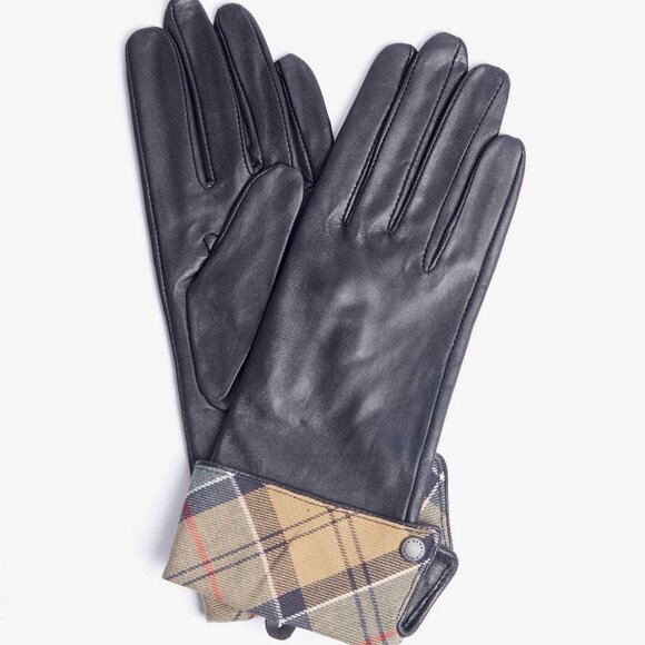 NEW Barbour Black Leather Lady Jane Tartan Cuff Leather Gloves - Picture 1 of 3